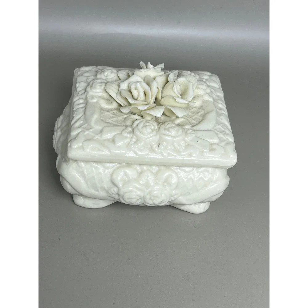 White Porcelain Bisque Jewelry Trinket Dish Roses Victorian 3